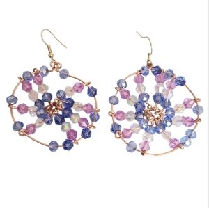 Purple Blue Clear Crystal Beaded Wheel Mandela Cooper Earrings